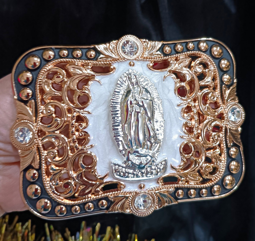 Virgin De Guadalupe Belt Buckle Silver & Rosetone Marble look Rhinestone 2"